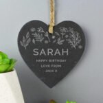 Personalised Any Message Botanical Design Hanging Slate Heart Decoration