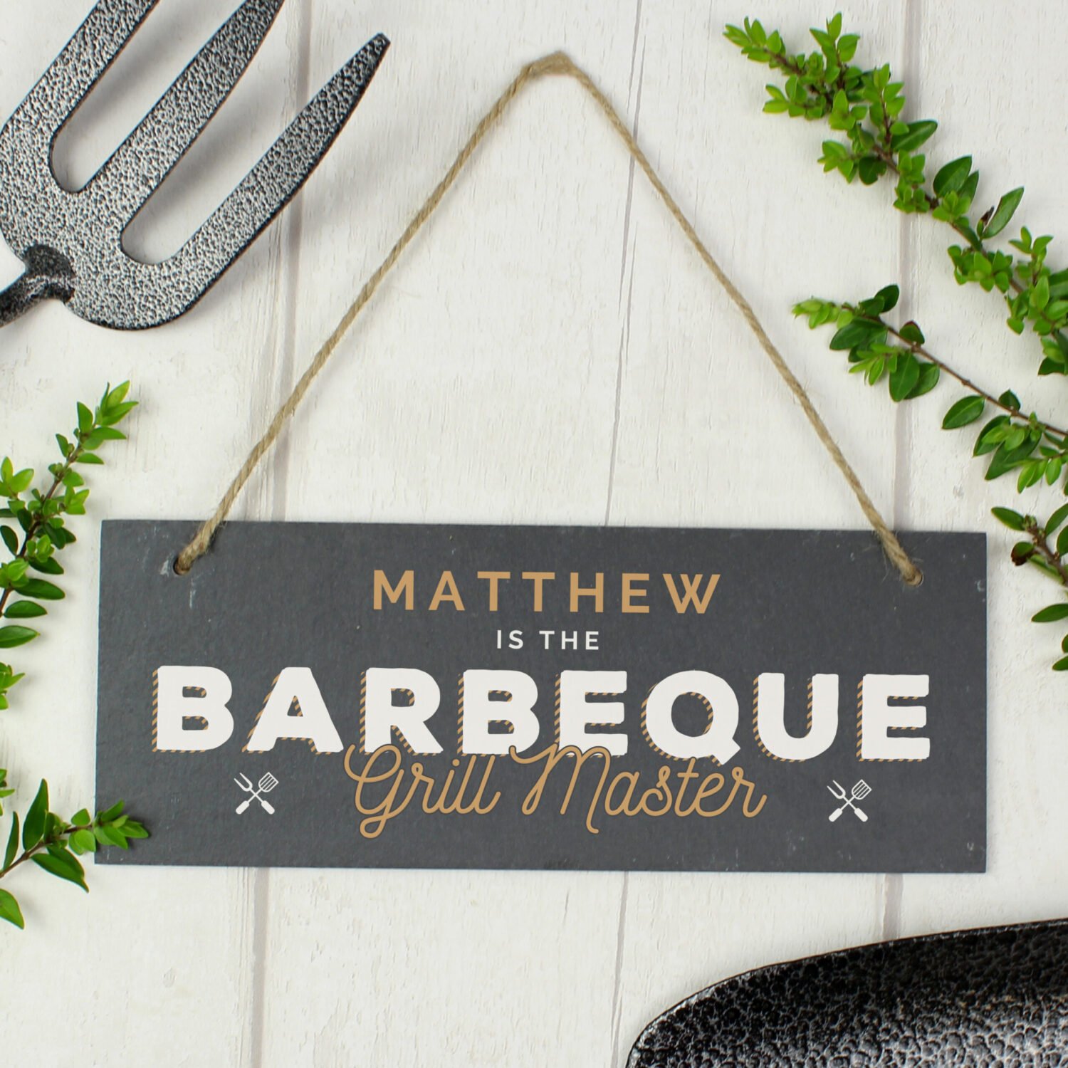 P0105A47 Personalised 'Barbeque Grill Master' Printed Hanging Slate Decoration Personalised 'Barbeque Grill Master' Printed Hanging Slate Plaque - Image 1