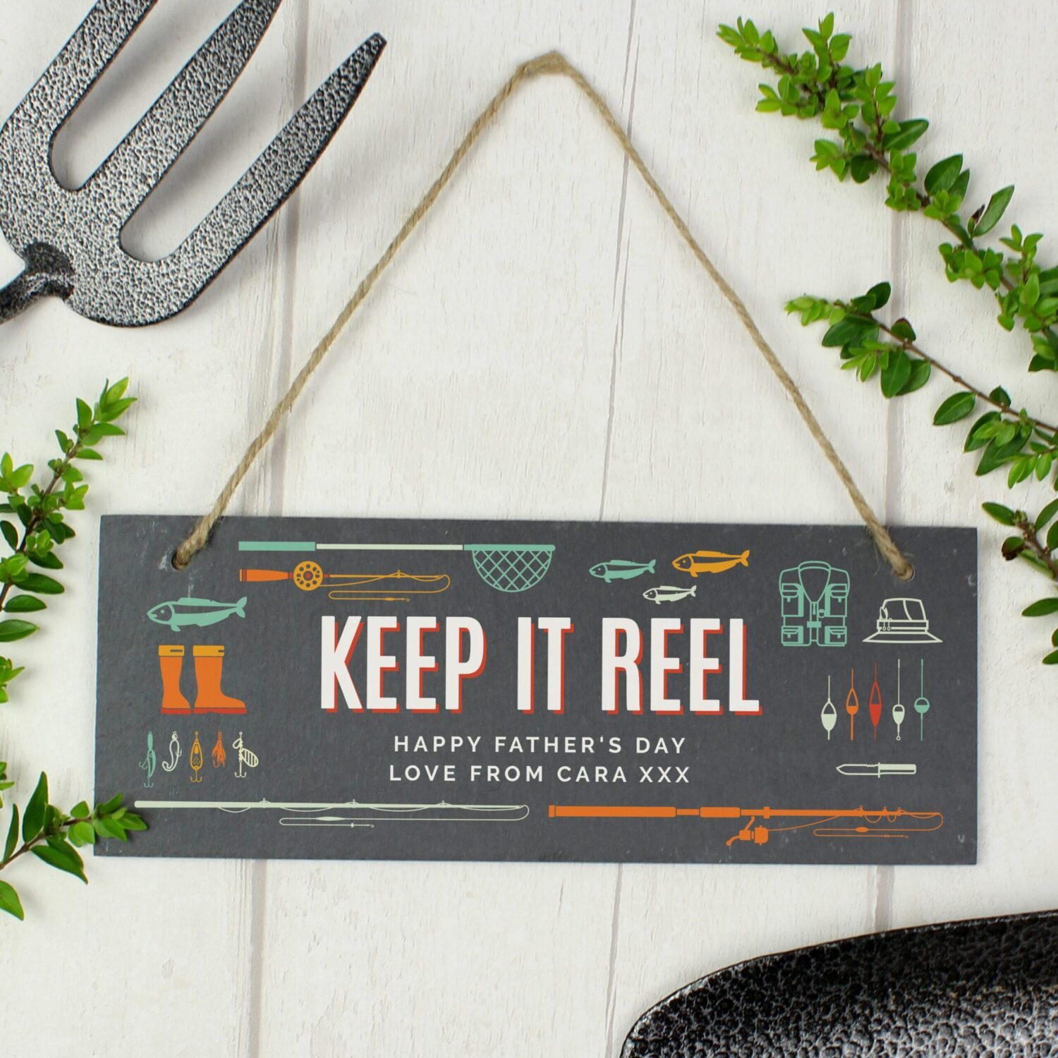 P0105A48 Personalised 'Keep It Reel' Printed Fishing Themed Hanging Slate Decoration Personalised 'Keep It Reel' Printed Fishing Themed Hanging Slate Decoration - Image 1