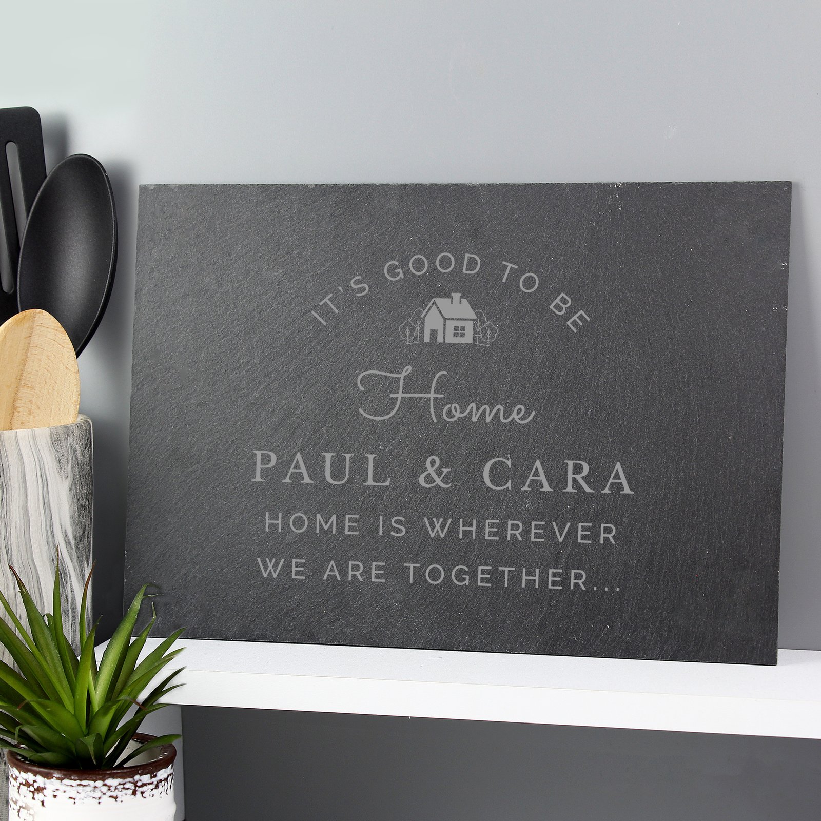 P0105A74 Personalised 'New Home' House Motif Slate Placemat Personalised 'New Home' House Motif Slate Placemat - Image 1