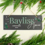 Personalised Christmas Holly Design Hanging Slate Plaque