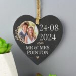 Personalised Large Date Photo Upload Hanging Slate Heart Decoration