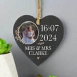 Personalised Large Date Photo Upload Hanging Slate Heart Decoration - Image 2