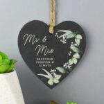 Personalised Any Message Botanical Design Couples Hanging Slate Heart Decoration