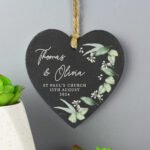 Personalised Any Message Botanical Design Couples Hanging Slate Heart Decoration - Image 4