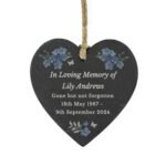 Personalised Forget Me Not Design Memorial Hanging Slate Heart Decoration - Image 5
