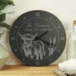 Personalised Any Message Highland Cow Design Round Slate Wall Clock