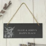 Personalised Any Message Highland Cow Design Hanging Slate Sign