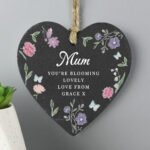 Personalised Any Message Wild Flowers Design Hanging Slate Heart Decoration