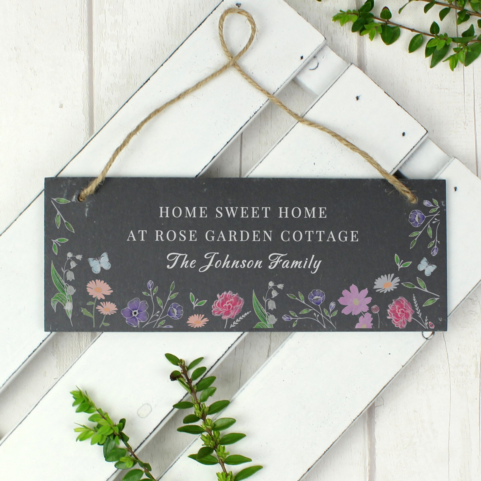 P0105B27 Personalised Wild Flowers Design Hanging Slate Garden Sign Personalised Wild Flowers Design Hanging Slate Garden Sign - Image 1