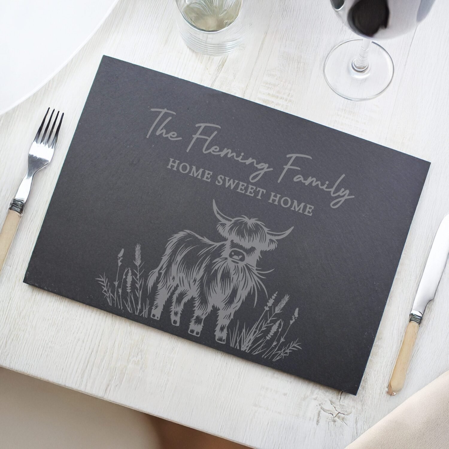 P0105B31 Personalised Highland Cow Design Rectangle Slate Placemat Personalised Highland Cow Design Rectangle Slate Placemat - Image 1