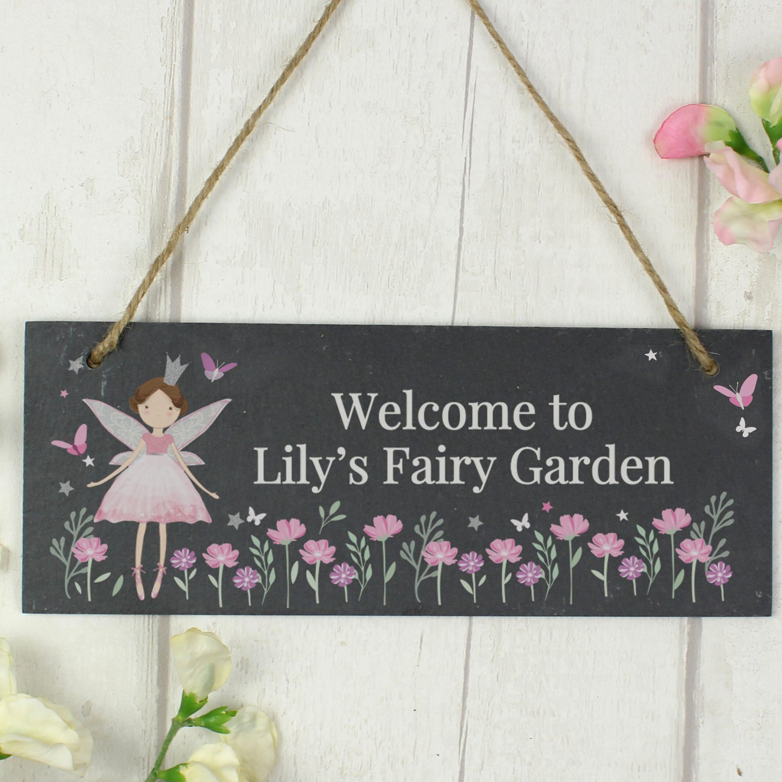 P0105B32 Personalised Children's Fairy Princess Design Garden Hanging Slate Sign Personalised Children's Fairy Princess Design Garden Hanging Slate Sign - Image 1