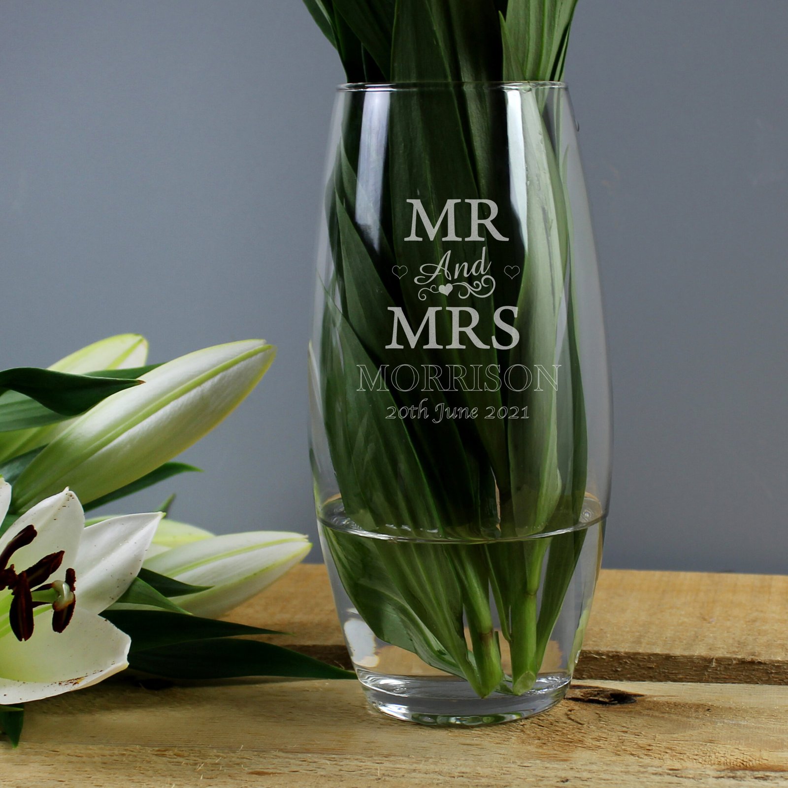 P0107B63 Personalised 'Mr And Mrs' Hearts Motif Glass Bullet Vase Personalised 'Mr And Mrs' Hearts Motif Glass Bullet Vase - Image 1