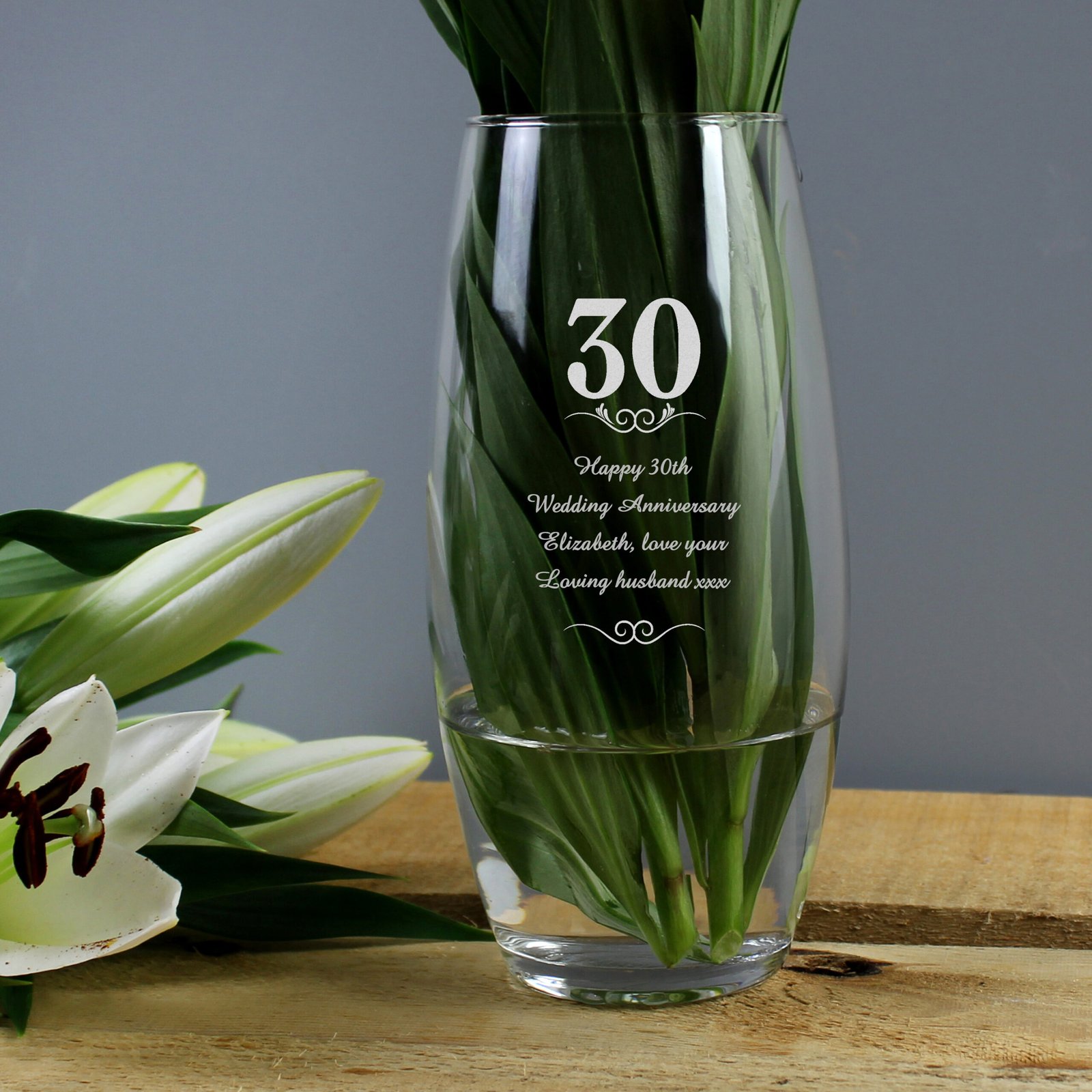 P0107B66 Personalised 30 Years Anniversary Glass Bullet Vase Personalised Any Message 30th Anniversary Swirls Design Glass Bullet Vase - Image 1