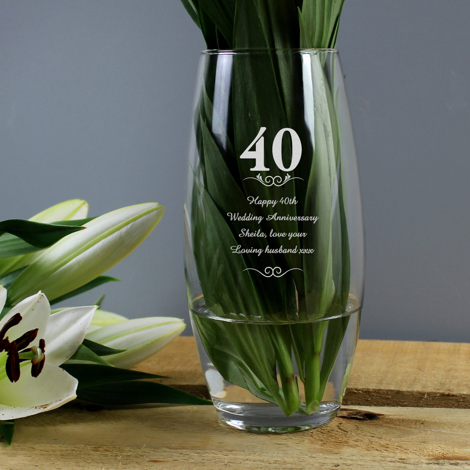 P0107B67 Personalised Any Message 40th Anniversary Swirls Design Glass Bullet Vase Personalised Any Message 40th Anniversary Swirls Design Glass Bullet Vase - Image 1