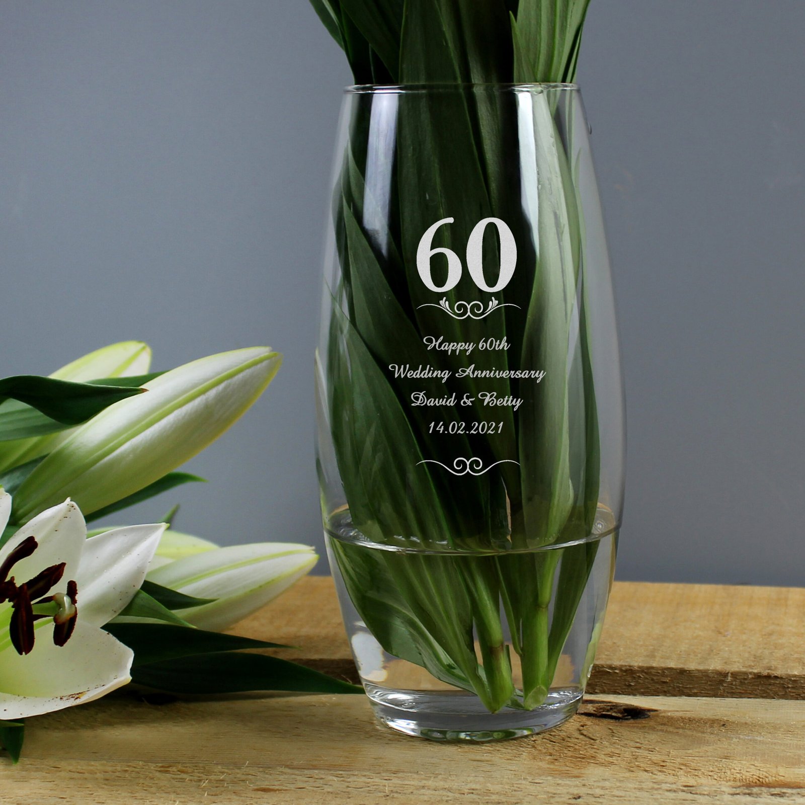 P0107B69 Personalised Any Message 60th Anniversary Swirls Design Glass Bullet Vase Personalised Any Message 60th Anniversary Swirls Design Glass Bullet Vase - Image 1