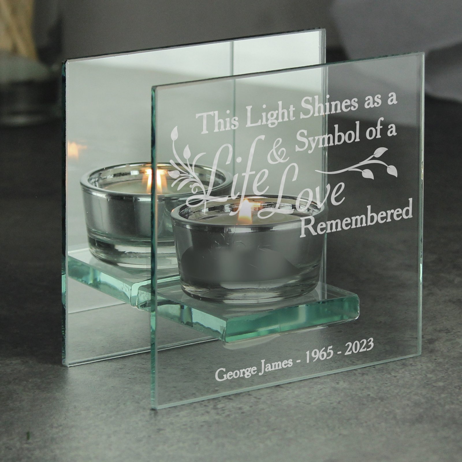 P0107D37 Personalised 'Life & Love Remembered' Mirrored Glass Tea Light Candle Holder Personalised 'Life & Love Remembered' Mirrored Glass Tea Light Candle Holder - Image 1