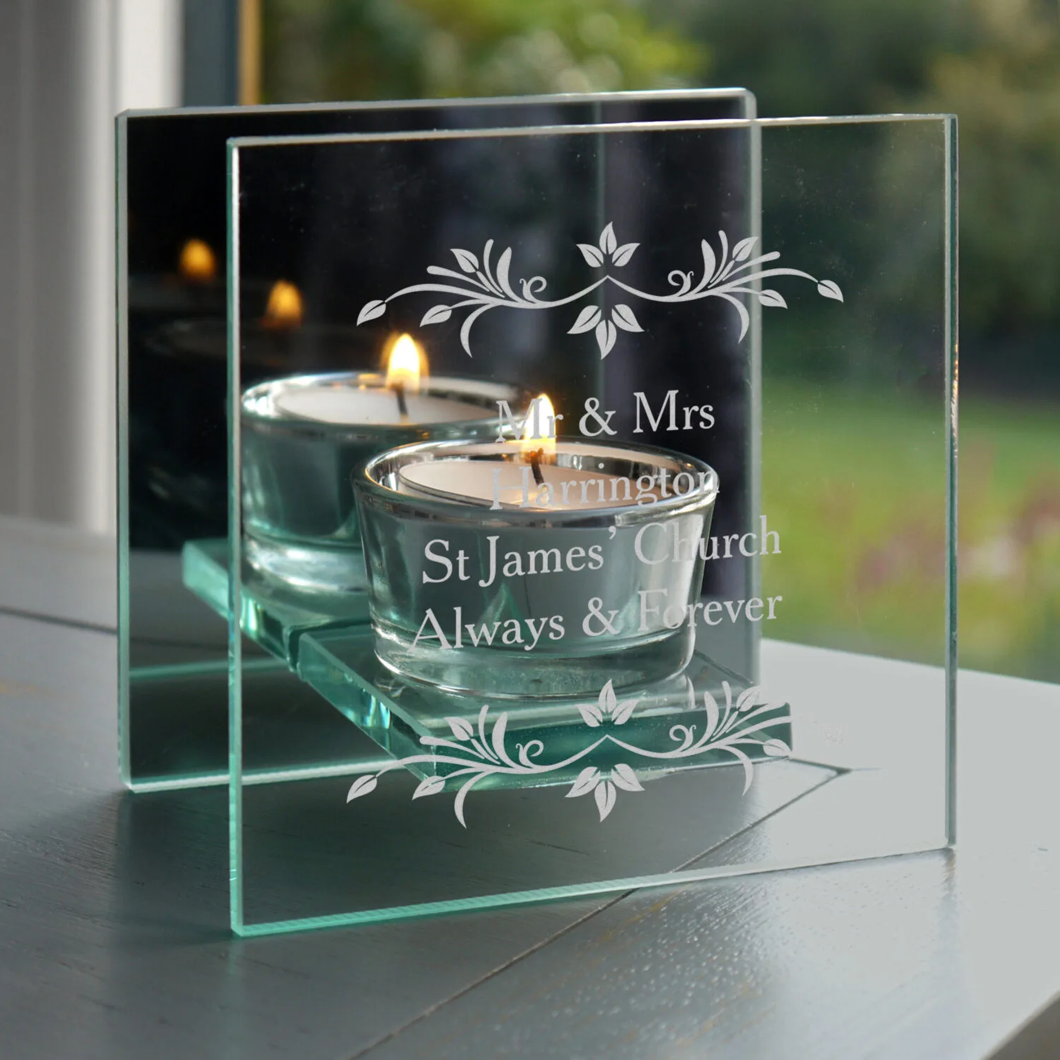 P0107D42 Personalised Sentiments Leaf Design Mirrored Glass Tea Light Candle Holder Personalised Sentiments Leaf Design Mirrored Glass Tea Light Candle Holder - Image 1
