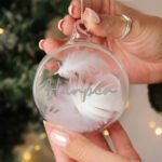 Personalised Silver Glitter Name Only White Feather Glass Christmas Bauble - Image 2