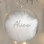 Personalised Silver Glitter Name Only White Feather Glass Christmas Bauble - Image 3