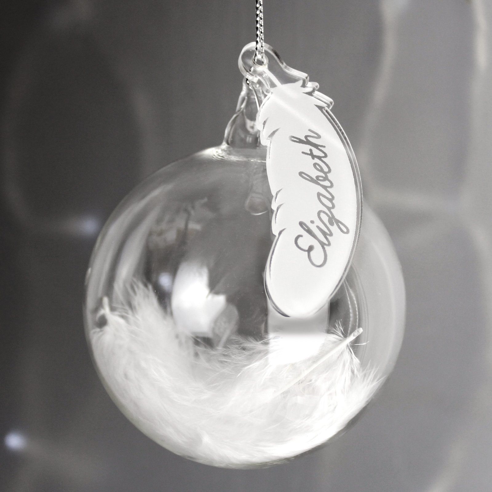 P0107F28 Personalised Name Only White Feather Glass Bauble Personalised Name Only White Feather Glass Bauble - Image 1