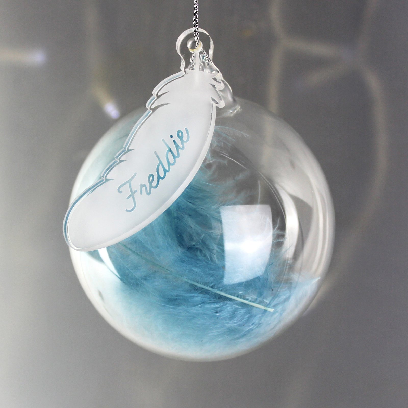 P0107F30 Personalised Name Only Blue Feather Glass Bauble Personalised Name Only Blue Feather Glass Bauble - Image 1