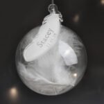 Personalised Name & Date White Feather Glass Bauble - Image 2