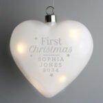 Personalised 'First Christmas' LED Hanging Glass Heart Decoration