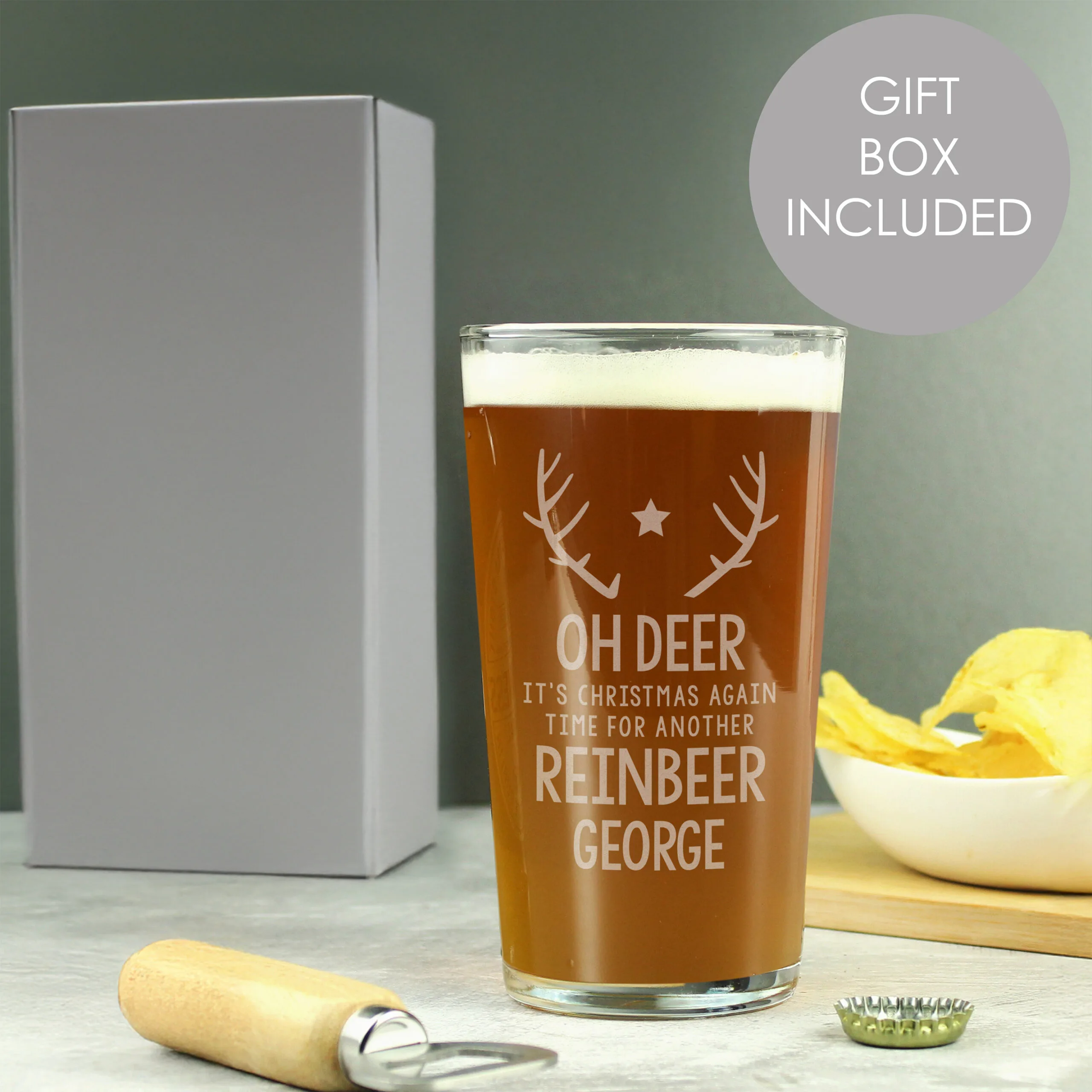 Personalised 'Time For Another Reinbeer' Christmas Pint Glass - Image 2
