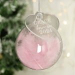 Personalised 'Born In' Pink Feather Glass Christmas Bauble With Heart Tag