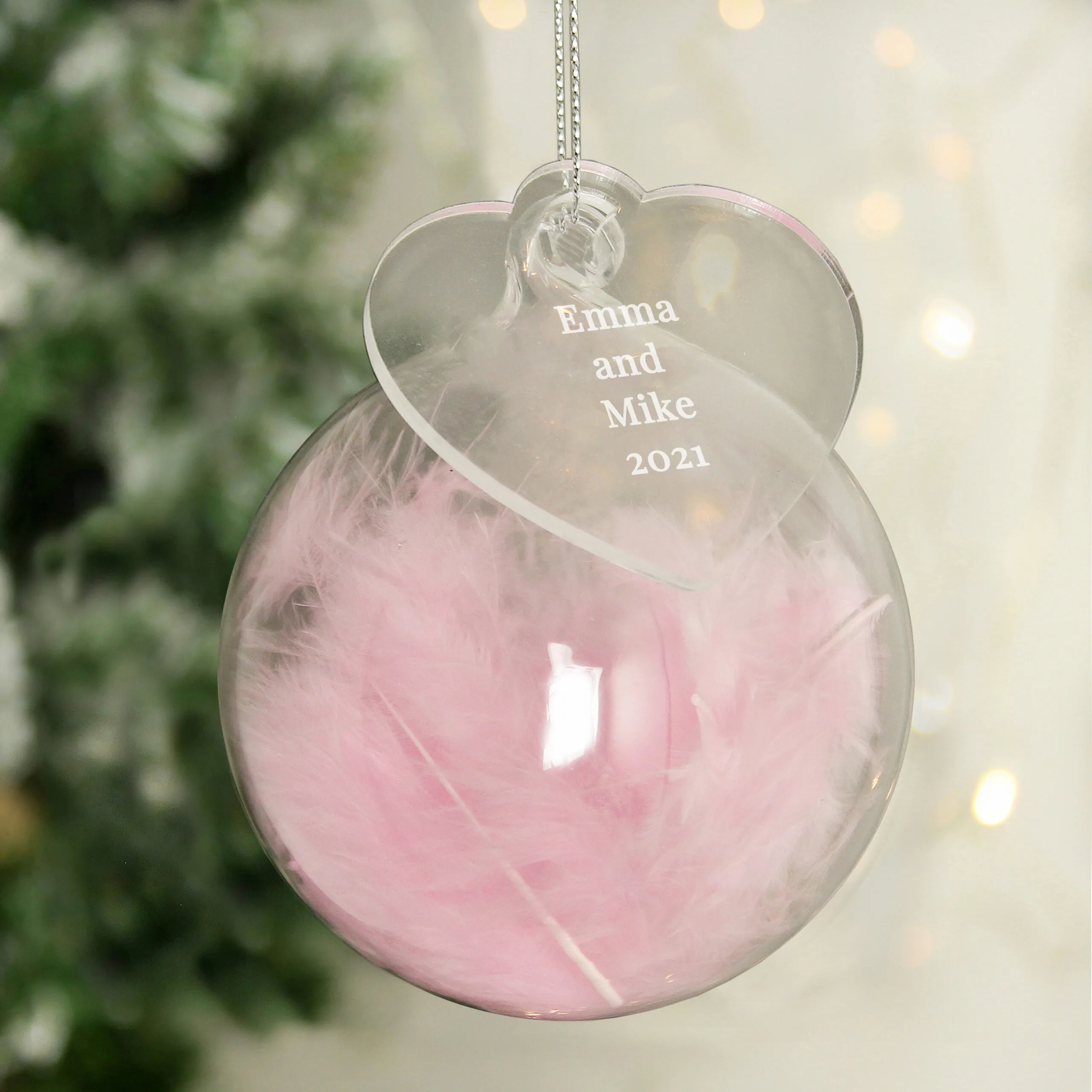 Personalised Pink Feather Glass Christmas Bauble With Heart Tag - Image 5