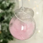 Personalised Pink Feather Glass Christmas Bauble With Heart Tag - Image 2