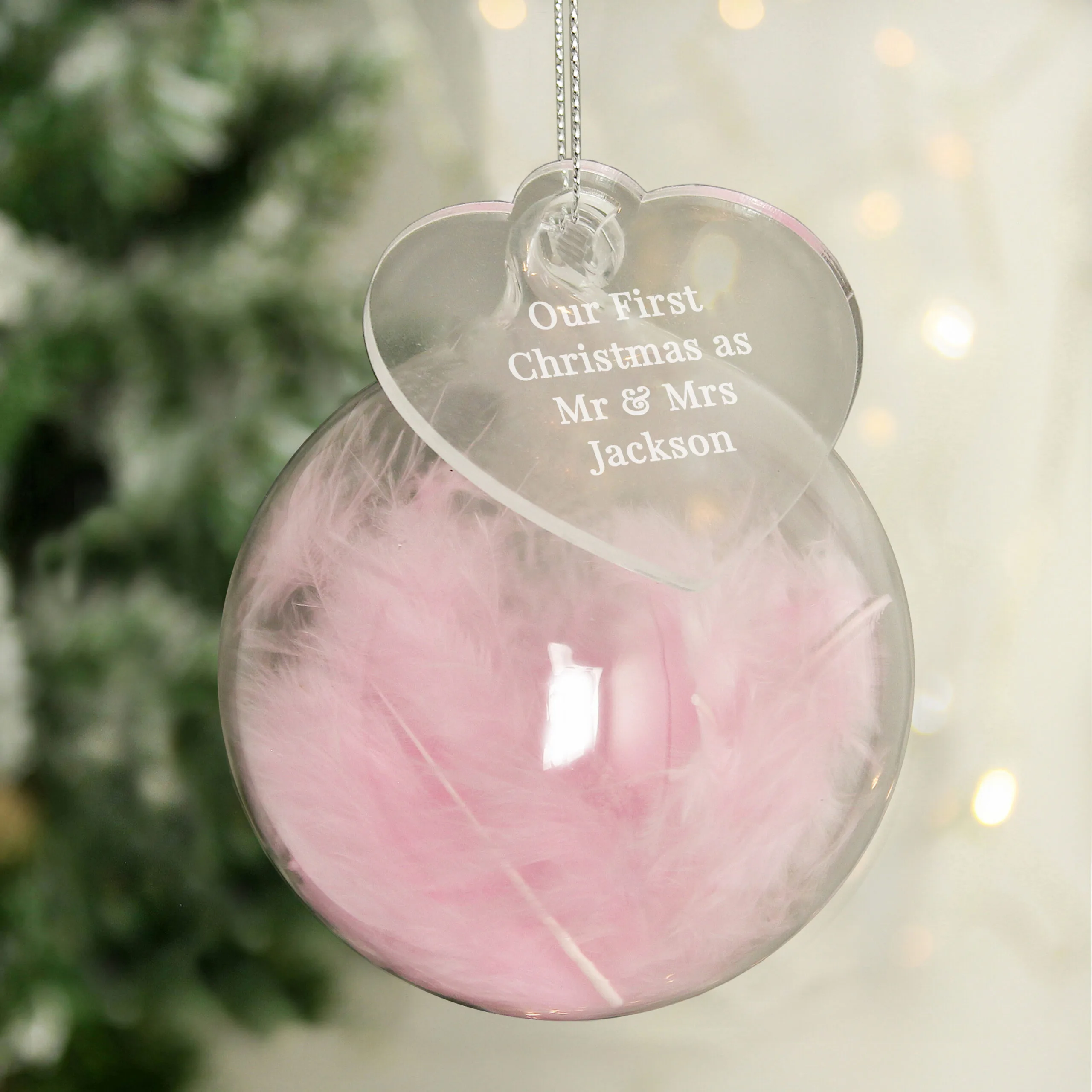 Personalised Pink Feather Glass Christmas Bauble With Heart Tag - Image 4
