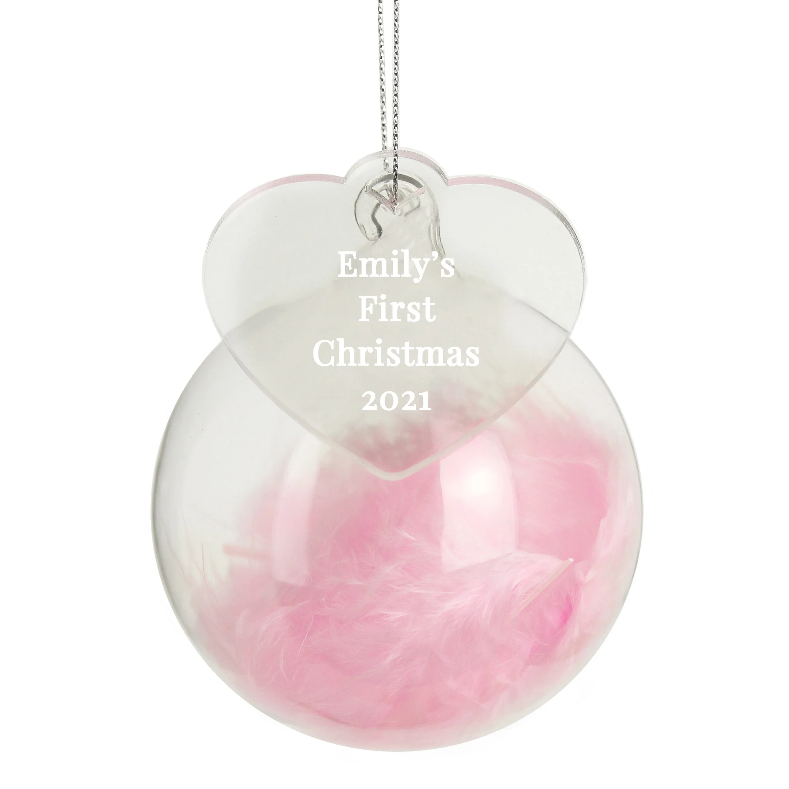 Personalised Pink Feather Glass Christmas Bauble With Heart Tag - Image 7