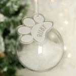 Personalised Pet Christmas White Feather Glass Bauble With Paw Print Tag