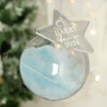 Personalised ‘Born In’ Blue Feather Glass Christmas Bauble With Heart Tag