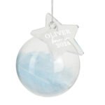Personalised ‘Born In’ Blue Feather Glass Christmas Bauble With Heart Tag - Image 3