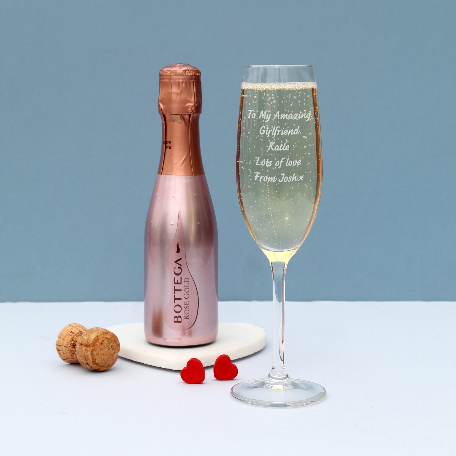 P0107I58 Personalised Glass Champagne Flute & Mini Bottle of Rose Bottega Prosecco Gift Set Personalised Glass Champagne Flute & Mini Bottle of Bottega Rose Gold Prosecco Gift Set - Image 1