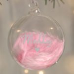 Personalised Silver Name & Heart Motif Pink Feather Glass Christmas Bauble - Image 3