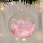 Personalised Silver Name & Footprints Motif Pink Feather Glass Christmas Bauble