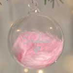 Personalised Silver Name & Footprints Motif Pink Feather Glass Christmas Bauble - Image 3