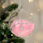 Personalised Silver Name & Footprints Motif Pink Feather Glass Christmas Bauble - Image 4