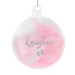 Personalised Silver Name & Footprints Motif Pink Feather Glass Christmas Bauble - Image 5