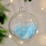 Personalised Silver Name & Heart Motif Blue Feather Glass Christmas Bauble