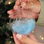Personalised Silver Name & Heart Motif Blue Feather Glass Christmas Bauble - Image 2