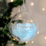 Personalised Silver Name & Footprints Motif Blue Feather Glass Christmas Bauble - Image 4