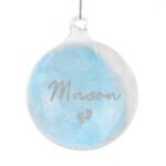 Personalised Silver Name & Footprints Motif Blue Feather Glass Christmas Bauble - Image 5