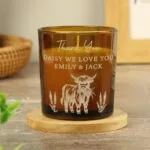 Personalised Engraved Highland Cow Design Scented Amber Glass Jar Candle