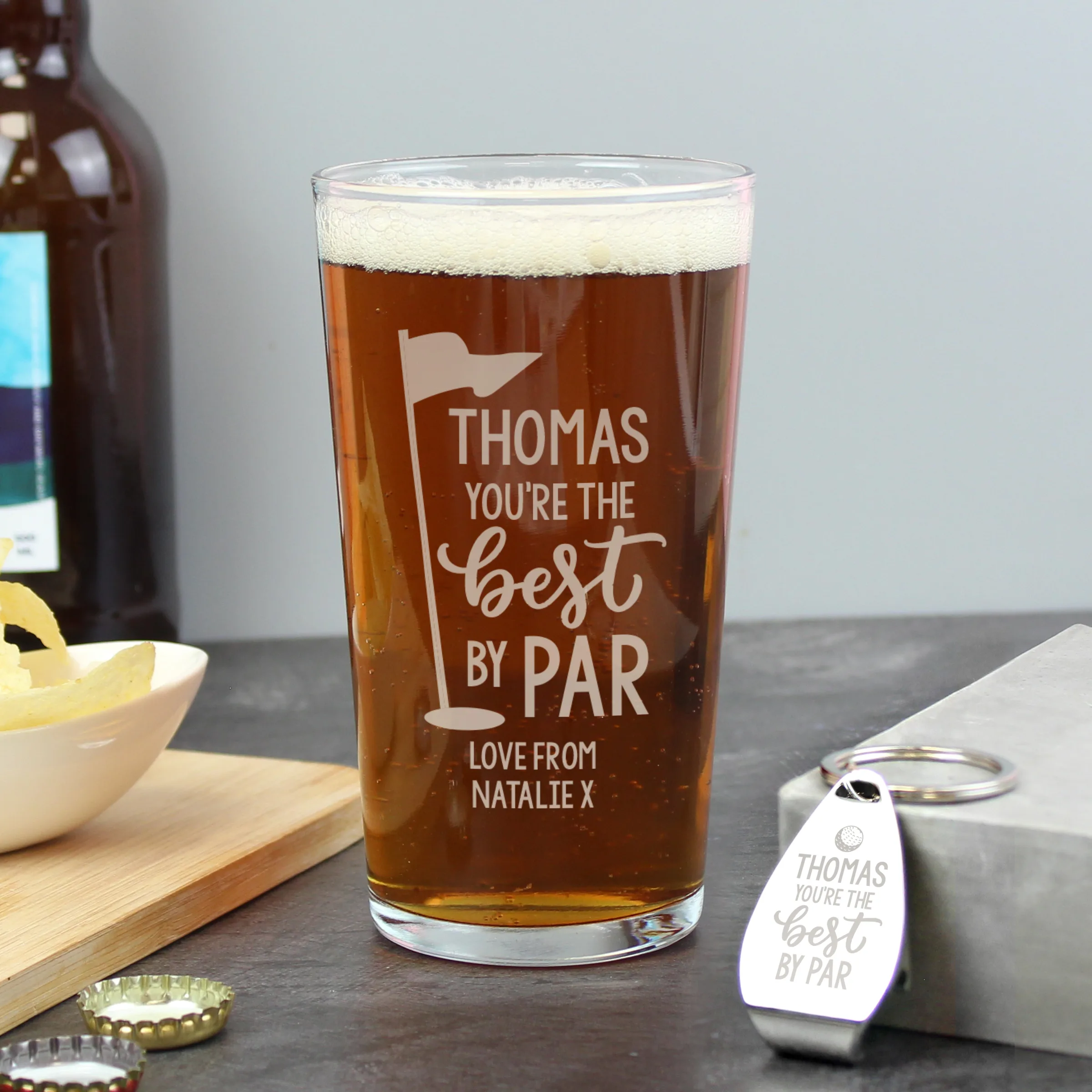 Personalised 'You're The Best By Par' Golf Themed Pint Glass & Bottle Opener Gift Set - Image 4