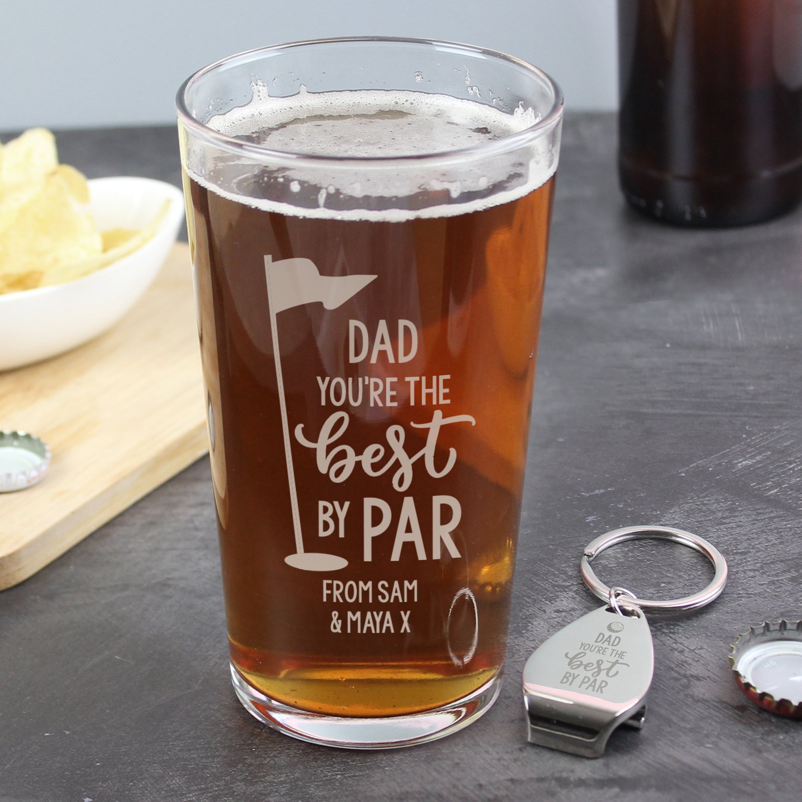 P0107J20 Personalised 'You're The Best By Par' Golf Themed Pint Glass & Bottle Opener Gift Set Personalised 'You're The Best By Par' Golf Themed Pint Glass & Bottle Opener Gift Set - Image 1